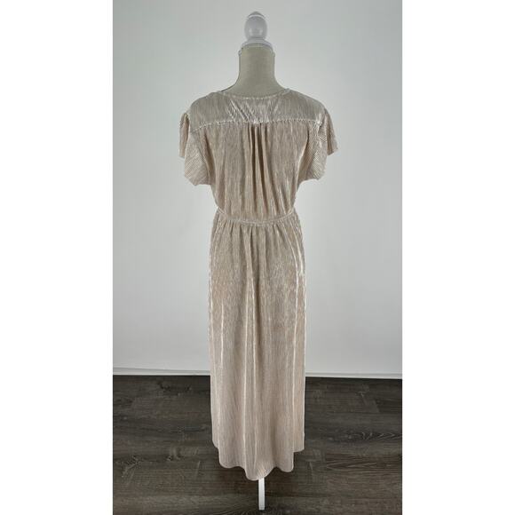 See And Be Seen Metallic Pleat Maxi Dress Womens Small Short Sleeve Gown Gold - Picture 7 of 13